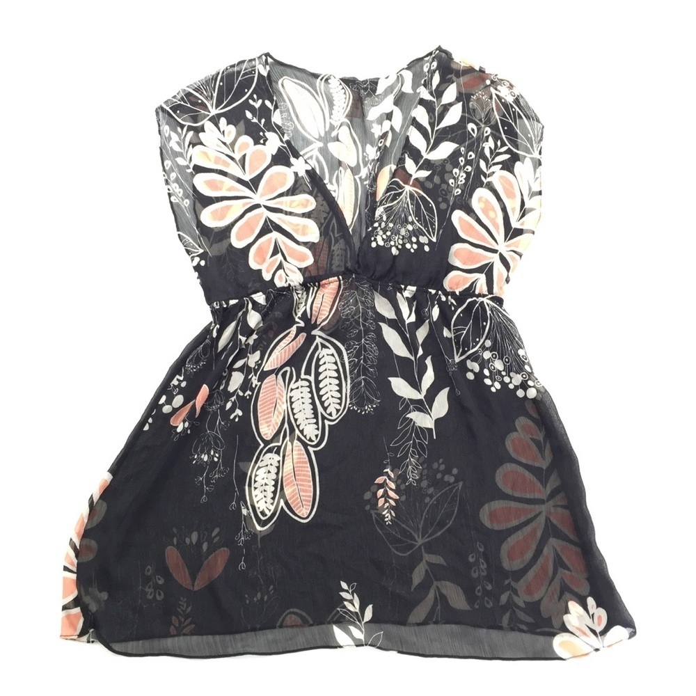 Poetry Sheer Black Sheer Floral Leaf V Neck Top L